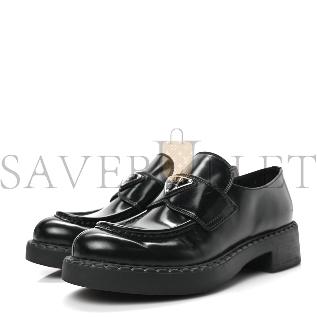 PRADA SPAZZOLATO METAL TRIANGLE LOGO 50MM LOAFERS 36.5 BLACK