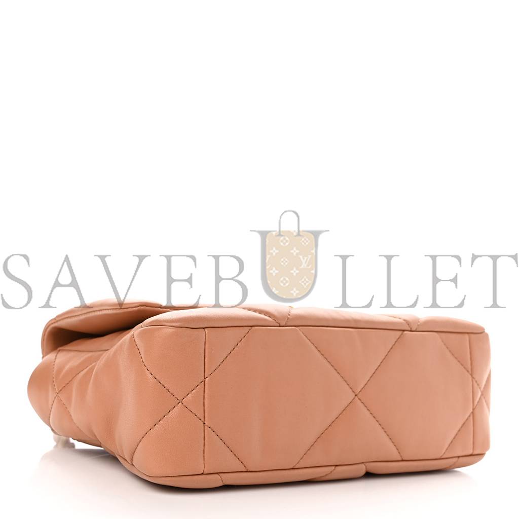 CHANEL LAMBSKIN QUILTED MEDIUM CHANEL 19 FLAP LIGHT BROWN GOLD HARDWARE (25*17*8cm)