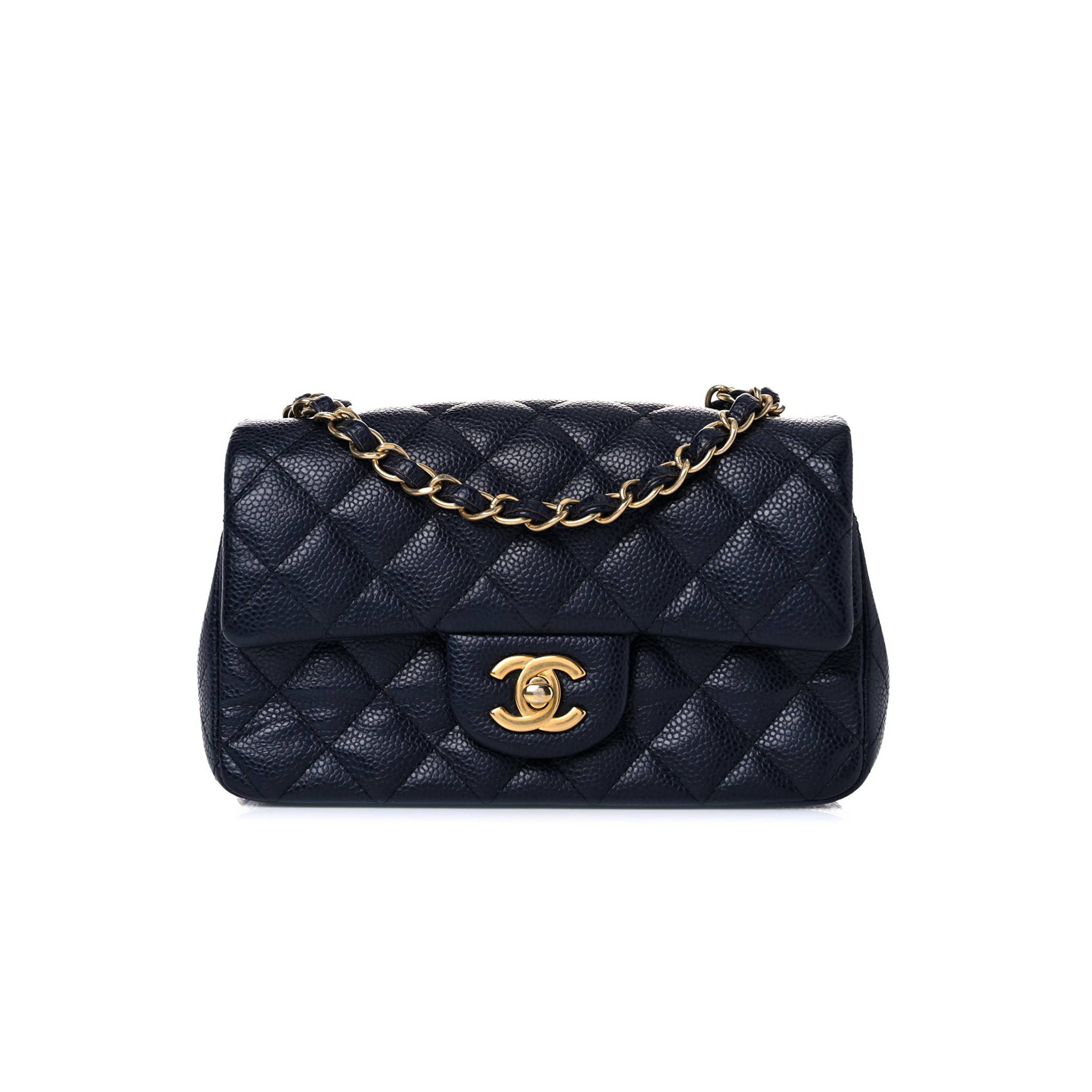 CHANEL CAVIAR QUILTED MINI RECTANGULAR FLAP NAVY GOLD HARDWARE (20.3*12.7*6.4cm)