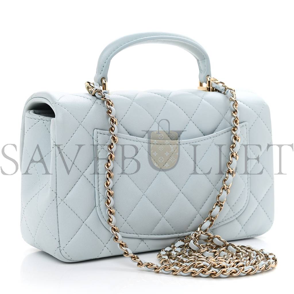 CHANEL LAMBSKIN QUILTED MINI TOP HANDLE RECTANGULAR FLAP LIGHT BLUE ROSE GOLD HARDWARE (19*12*6cm)