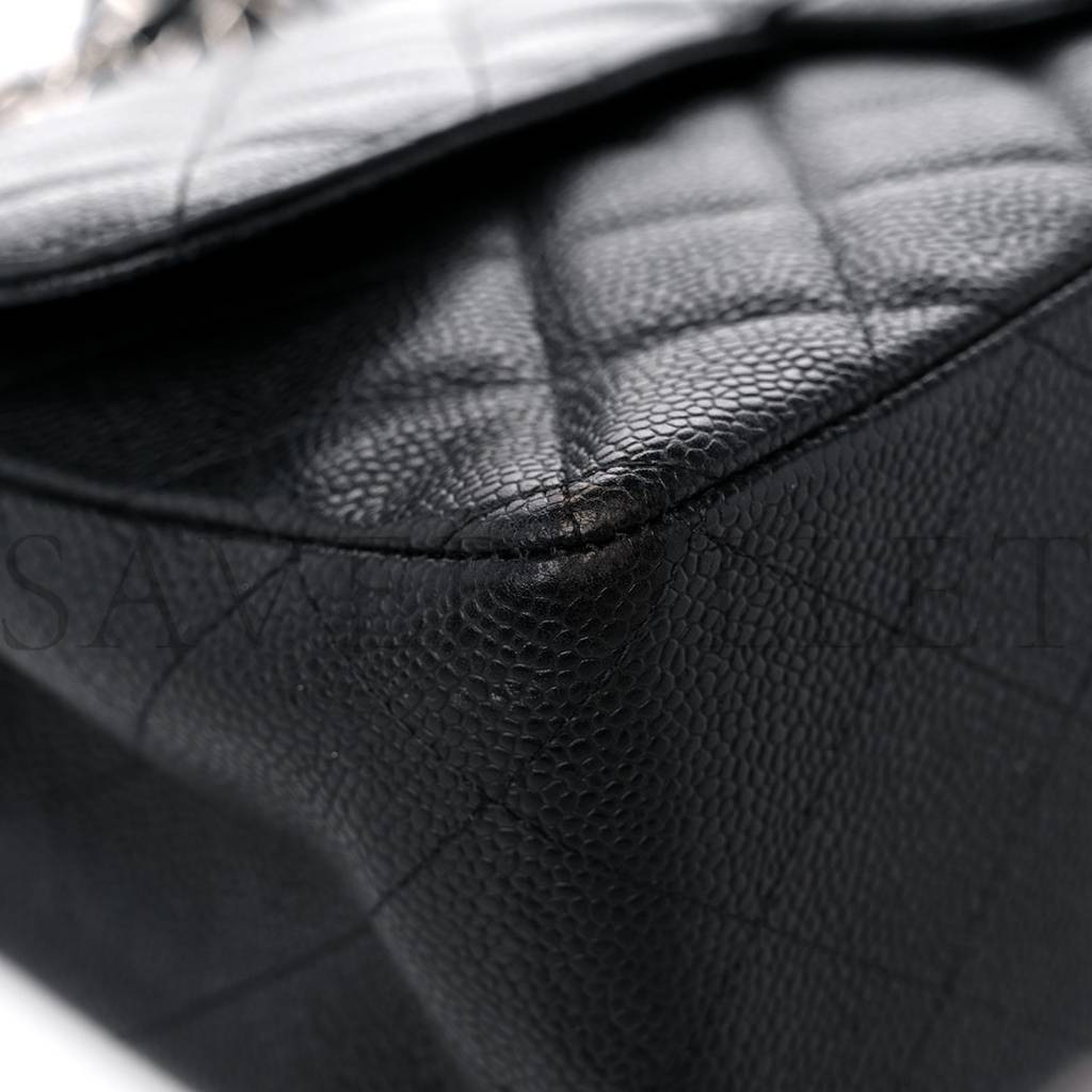 CHANEL CAVIAR QUILTED JUMBO SINGLE FLAP BLACK SILVER HARDWARE (30*20*8cm)