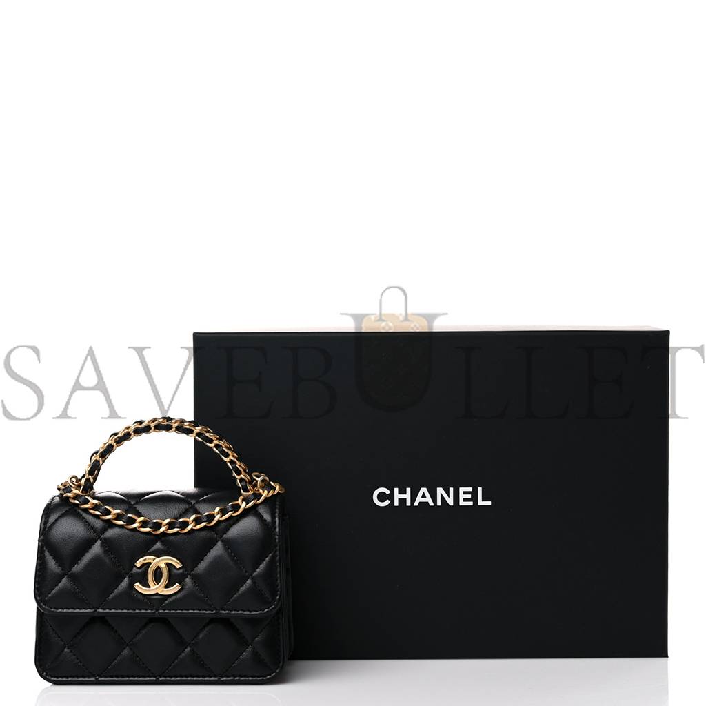 CHANEL LAMBSKIN QUILTED CHAIN TOP HANDLE CLUTCH WITH CHAIN BLACK GOLD HARDWARE (13*10*6cm)