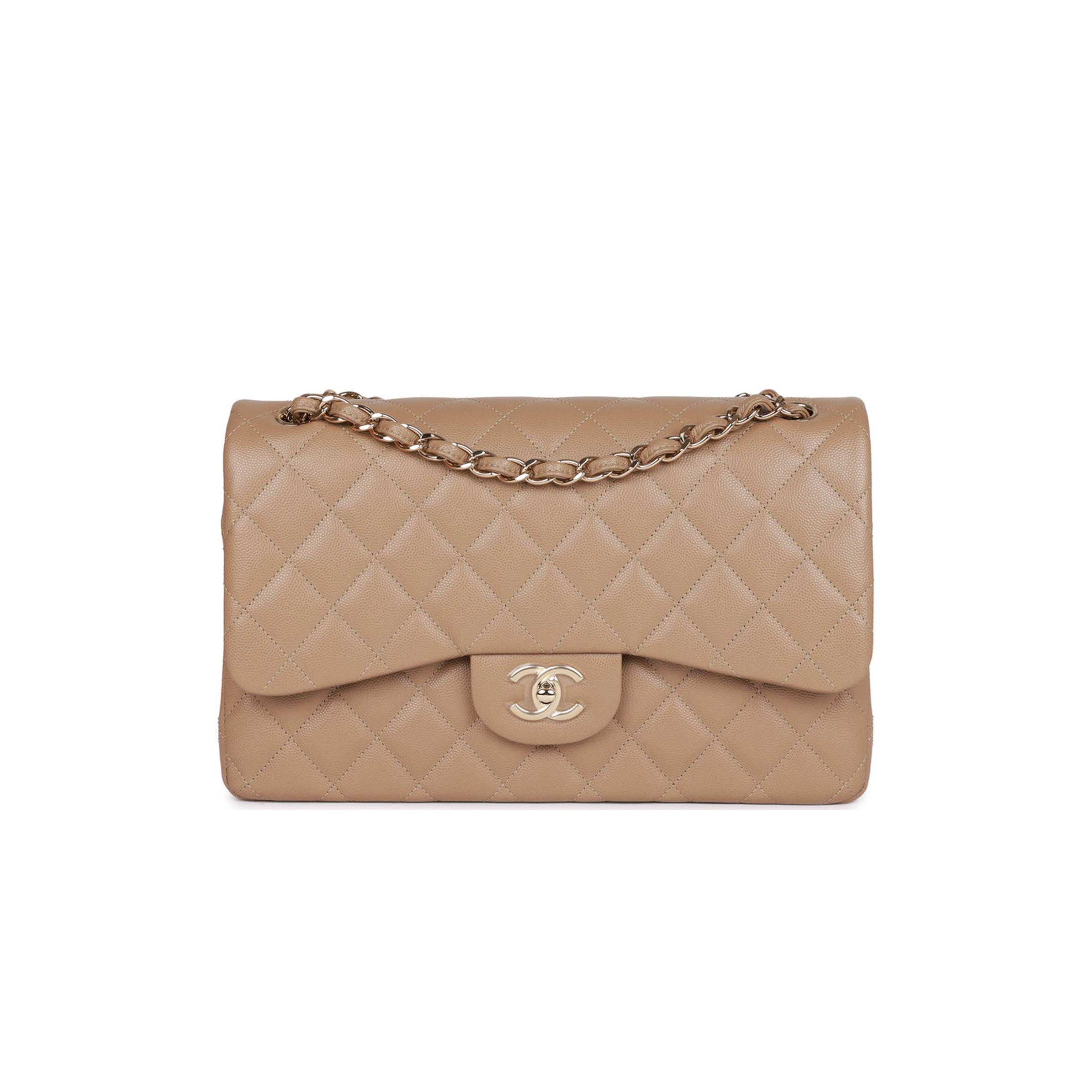 CHANEL JUMBO CLASSIC DOUBLE FLAP BAG DARK BEIGE CAVIAR GOLD HARDWARE (30*20*9cm)