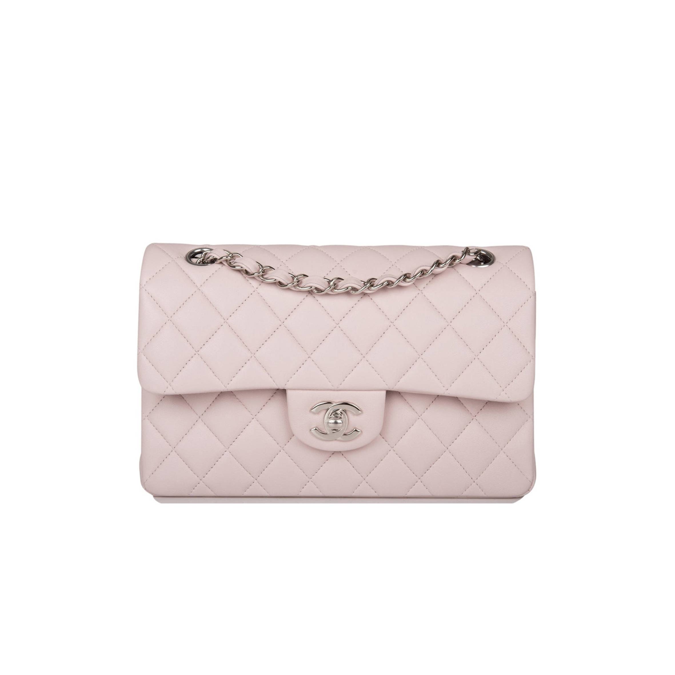 CHANEL SMALL CLASSIC DOUBLE FLAP BAG LIGHT PURPLE LAMBSKIN SILVER HARDWARE (23*13*6cm)