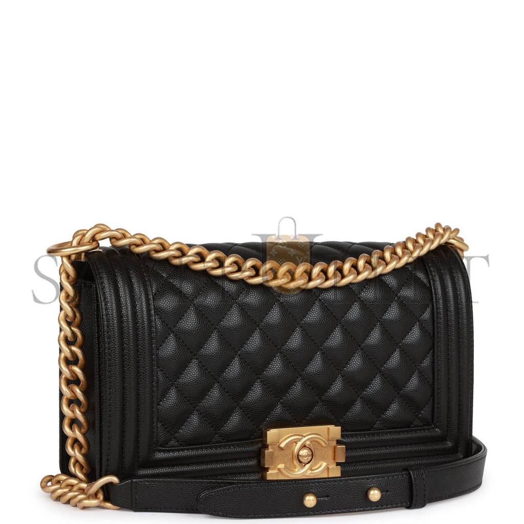 CHANEL MEDIUM BOY BAG BLACK CAVIAR ANTIQUE GOLD HARDWARE (25*15*9cm)