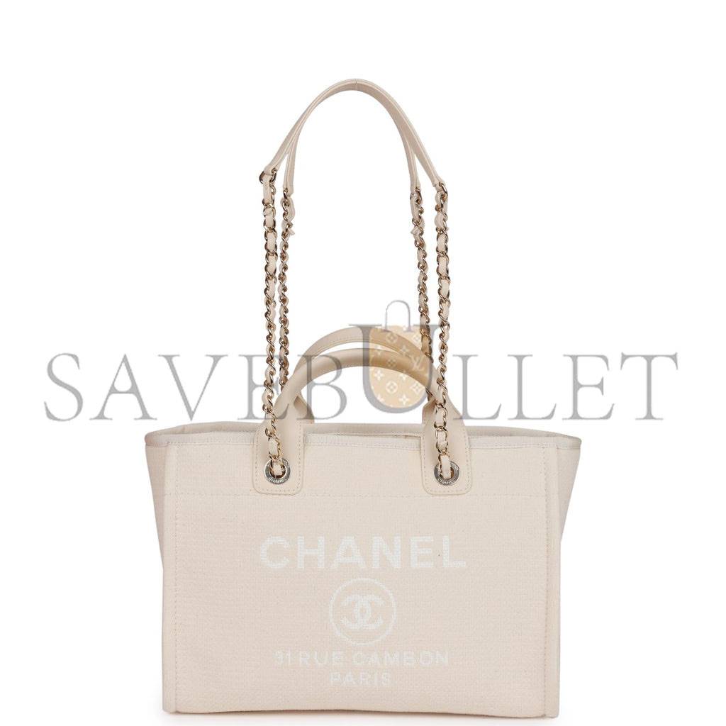 CHANEL SMALL DEAUVILLE SHOPPING BAG WHITE BOUCLE LIGHT GOLD HARDWARE (34*27*15cm)