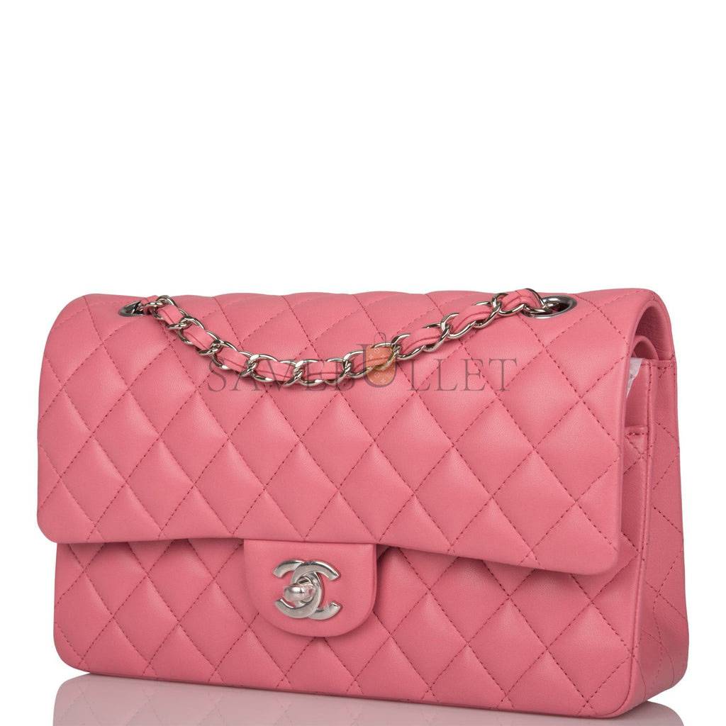 CHANEL MEDIUM CLASSIC DOUBLE FLAP BAG ROSE QUILTED LAMBSKIN SILVER HARDWARE (25*15*7cm)