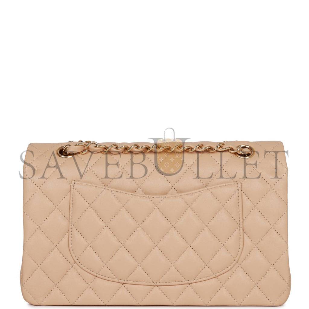 CHANEL MEDIUM CLASSIC DOUBLE FLAP BAG BEIGE LAMBSKIN LIGHT GOLD HARDWARE (25*15*7cm)