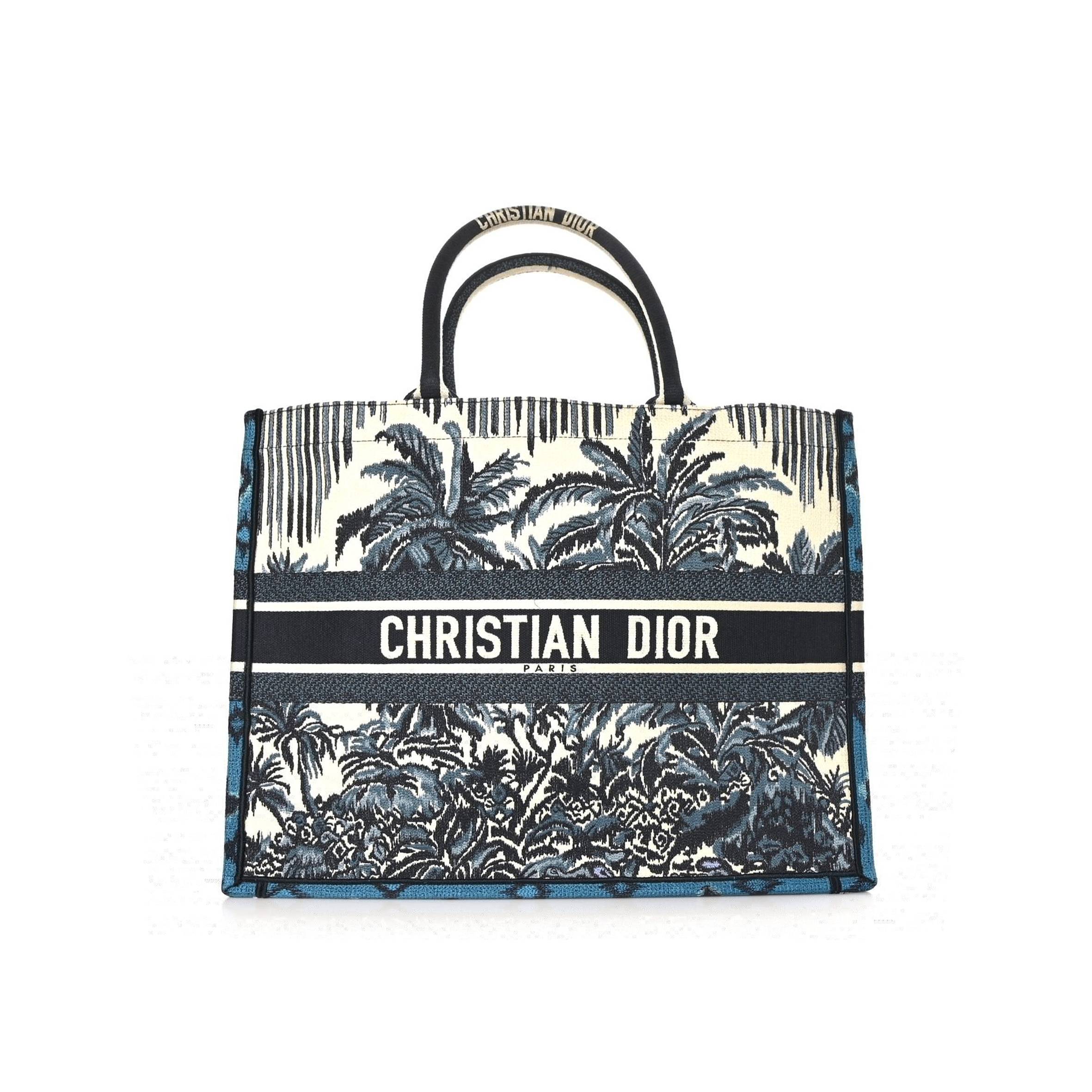 DIOR CANVAS EMBROIDERED LARGE PALM TREE TOILE DE JOUY BOOK TOTE BLUE MULTICOLOR (42*35*17.1cm)